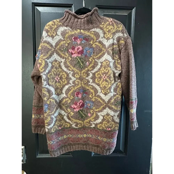 Vintage Express Tricot Wool Blend chunky knit floral brown Sweater Size XS - Picture 3 of 7